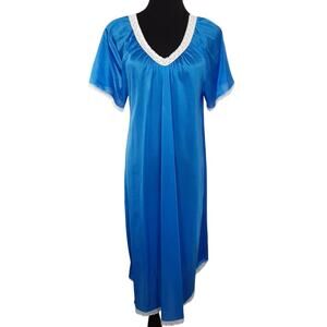 Vintage 80s Satin Lace Nightgown House Dress V Neck Sleep Dress Nightie L Blue